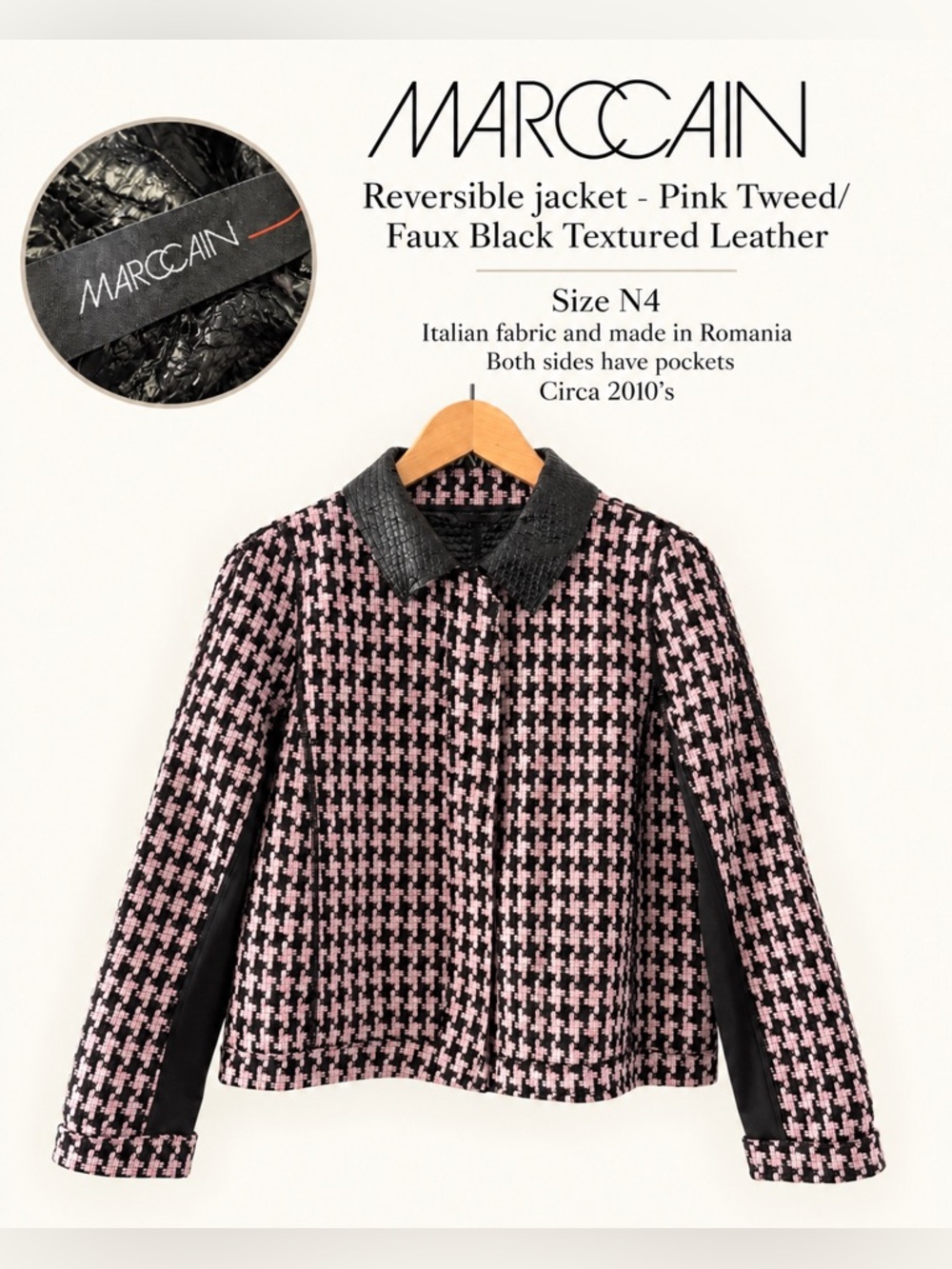 Marc Cain Reversible Pink Tweed / Black Textured Faux Leather Jacket – Size N4